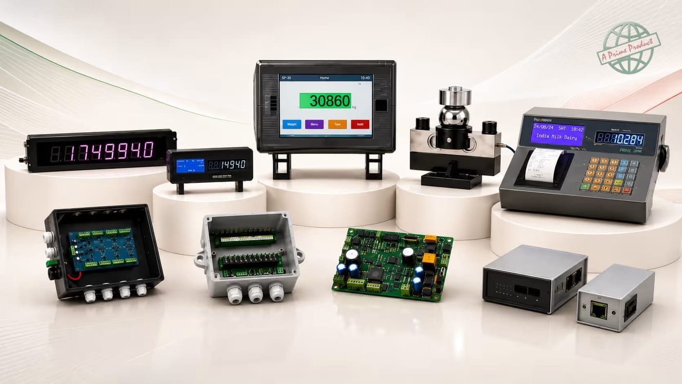 The full Prime Telelink product range — weighbridge indicators, JUMBO displays, a load cell, junction box, OEM weighing cards, printer scale and GSM modem